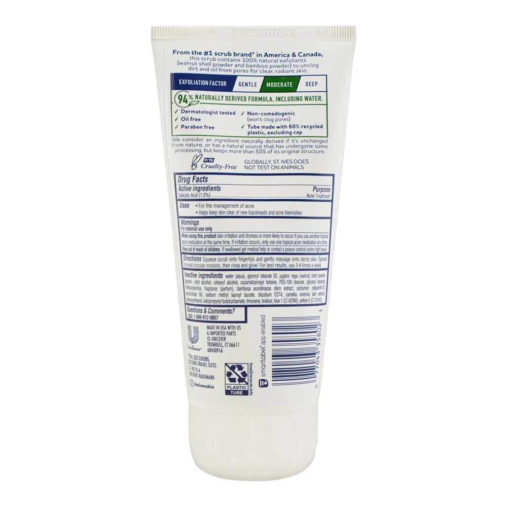 Side view of st. ives blachhead clearing green tea & bamboo scrub tube, paraben & oil free, salicylic acid, for acne-prone skin, 170g