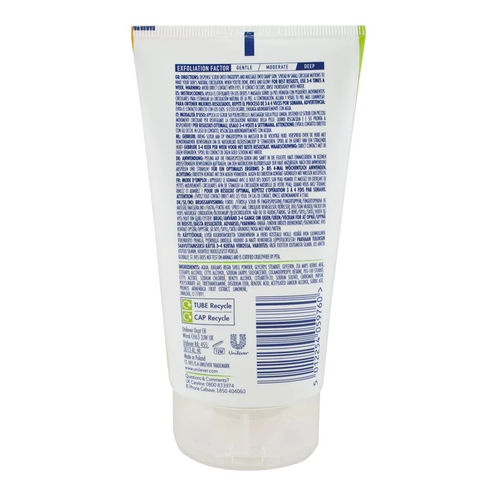 Side view of st. ives exfoliant apricot scrub tube, ceramide supporting formula, vegan, for glowing skin, 150g