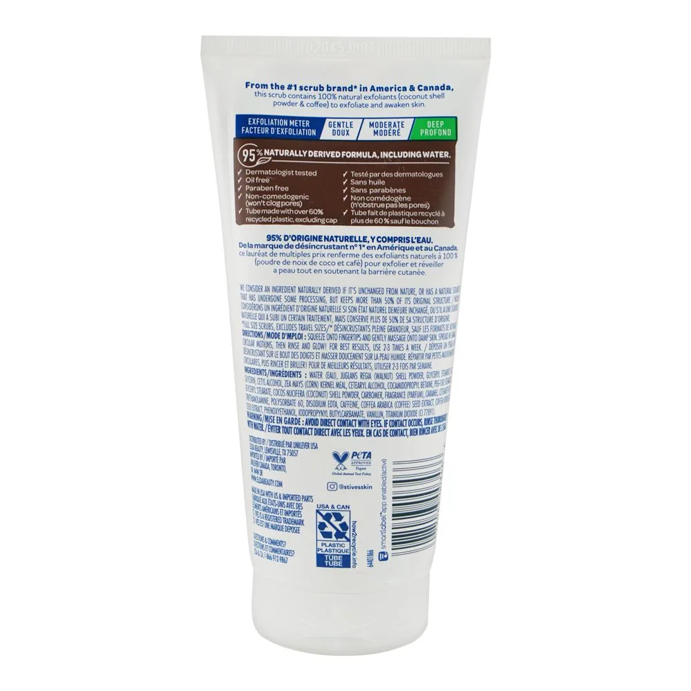 Side view of st.ives exfoliant coconut & coffee scrub tube, paraben & oil free, for balanced skin, 170g