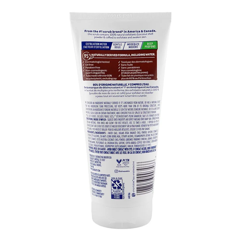 Close-up design of st.ives exfoliant coconut & coffee scrub tube, paraben & oil free, for balanced skin, 170g