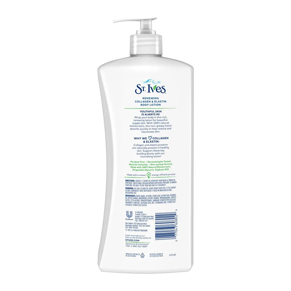 Side view of st. ives renewing collagen & elastin body lotion, paraben free,621ml