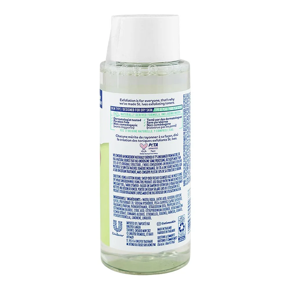 Side view of st.ives rose aha exfoliating toner, 5% lactic acid, 5% acide lactique, for dry skin, 197.5ml