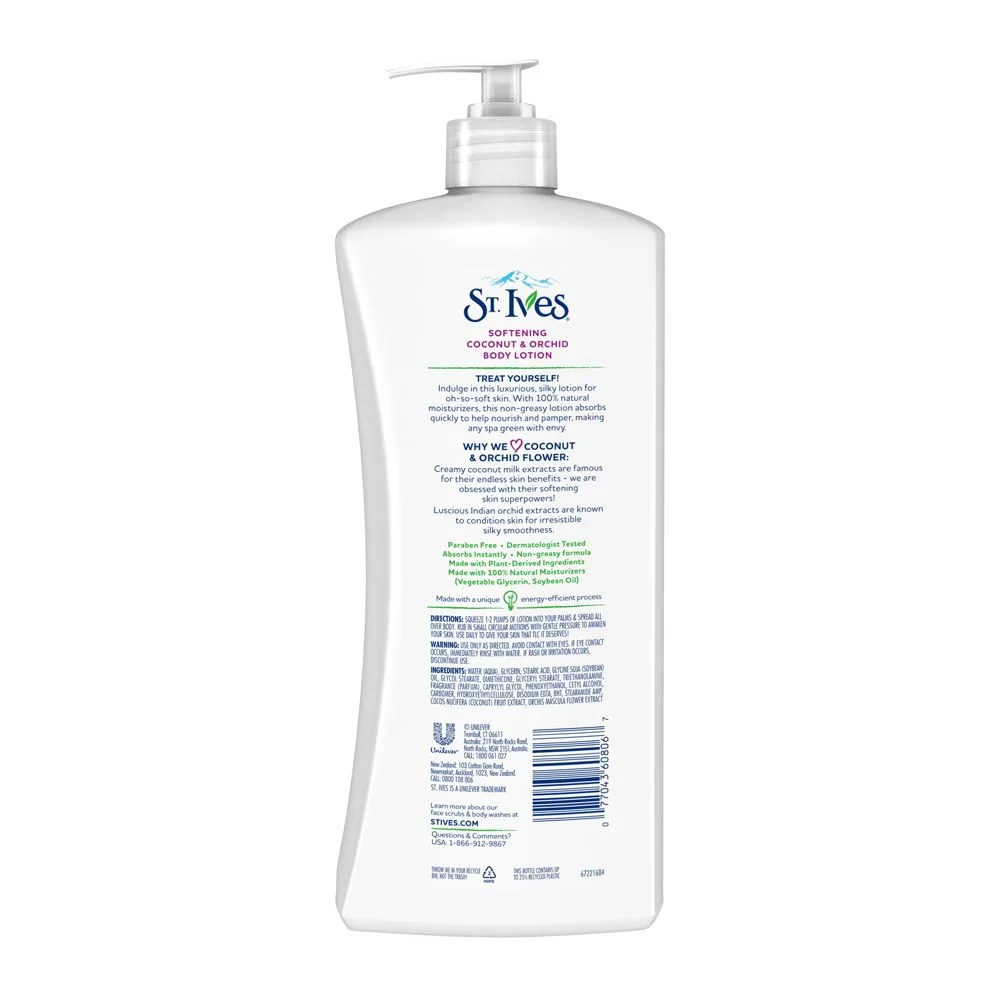 Side view of st. ives softening coconut & orchid body lotion, paraben free, 621ml