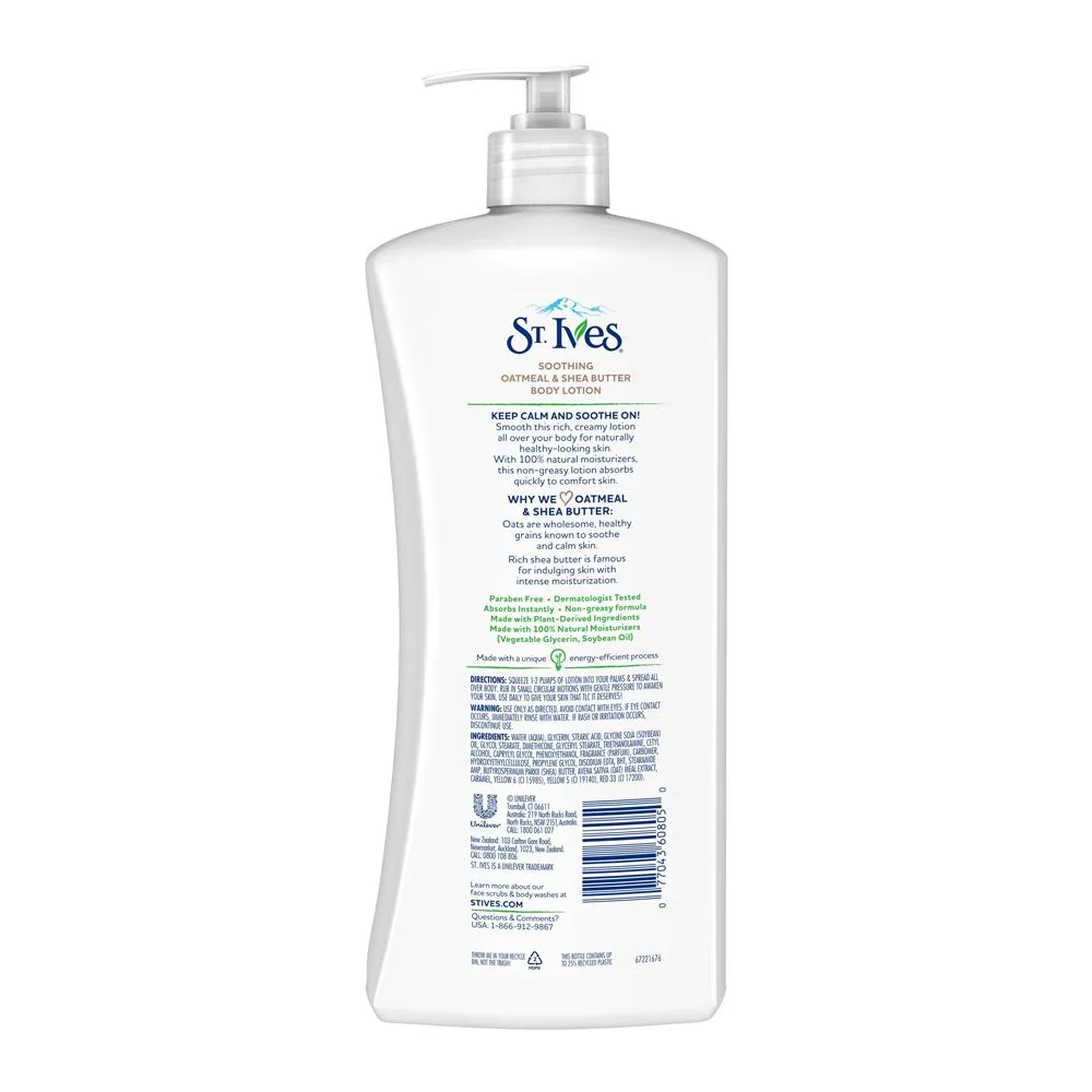 Side view of st. ives soothing oatmeal & shea butter body lotion, paraben free, 621ml