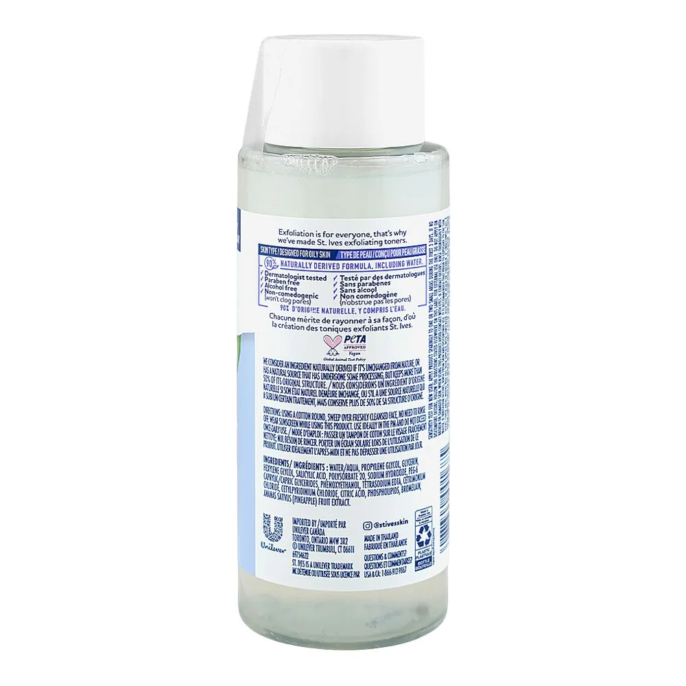 Side view of st.ives unfragranced aha exfoliating toner, alcohol & paraben free, for oily skin, 197.5ml