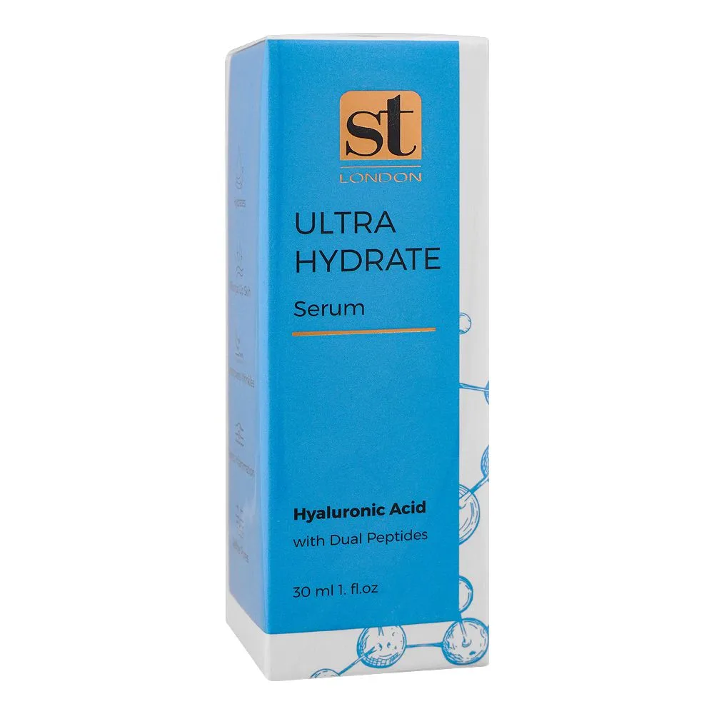 Side view of st london hyaluronic acid with dual peptides ultra hydrate serum, 30ml