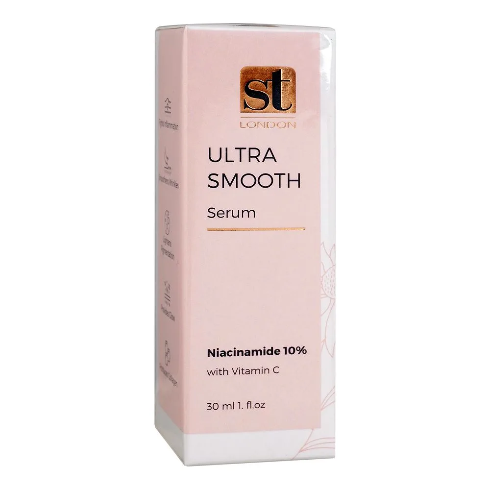 Side view of st london niacinamide 10% with vitamin c ultra smooth serum, 30ml