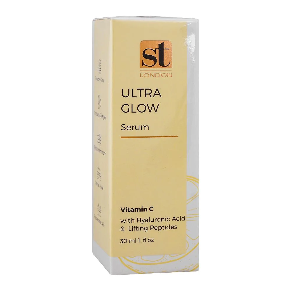 Side view of st london vitamin c with hyaluronic acid & lifting peptides ultra glow serum, 30ml