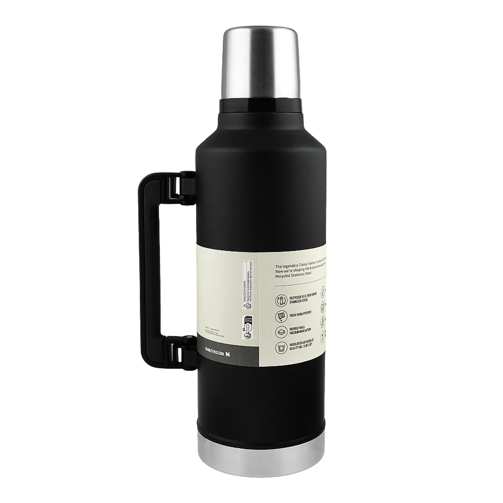 Side view of stanley classic series the legendary classic stainless steel bottle, matte black pebbles, 2.3 liters, bpa free, 10-07935-045