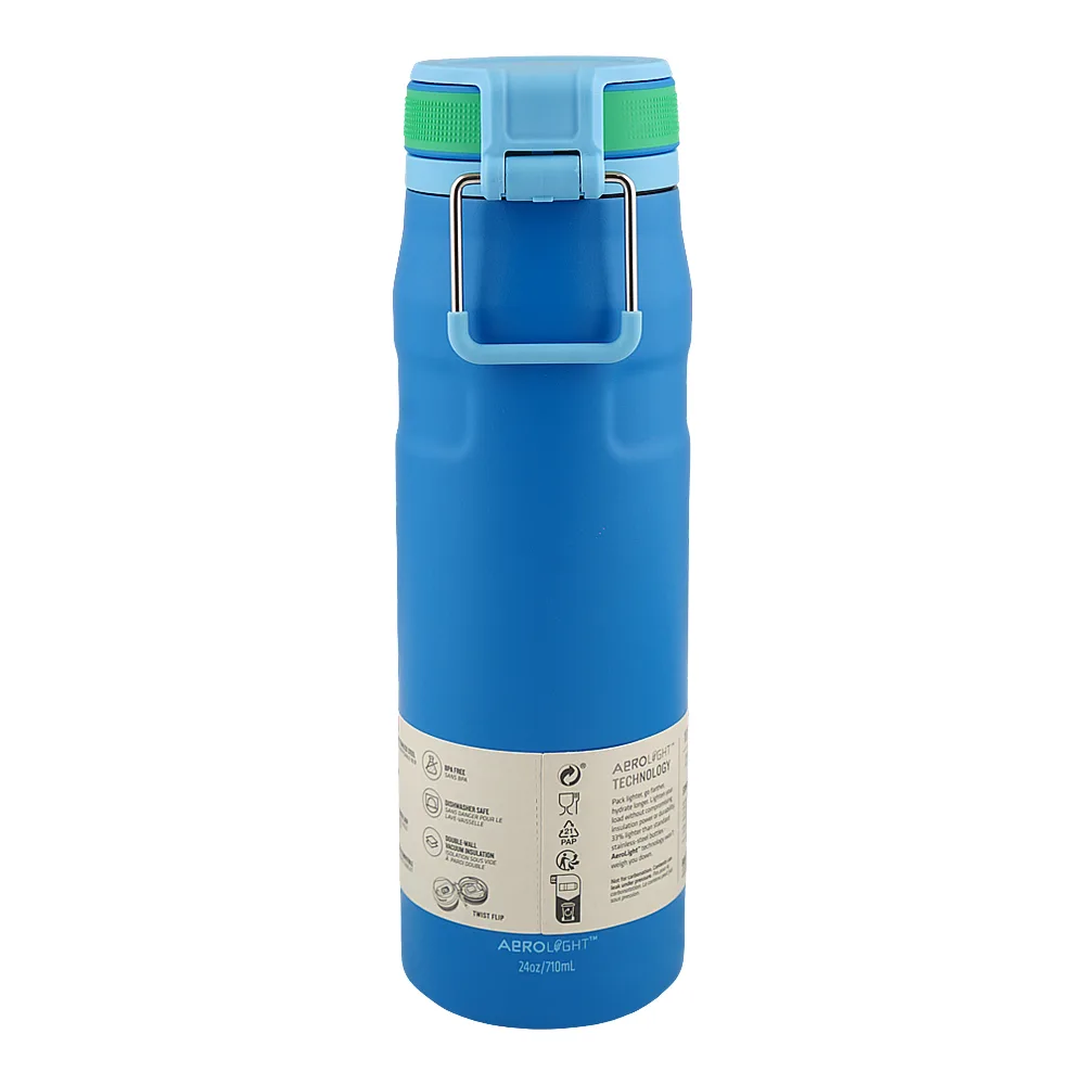 Side view of stanley the aerolight ice flow stainless steel bottle, blue, 710ml, bpa free, 10-11284-081