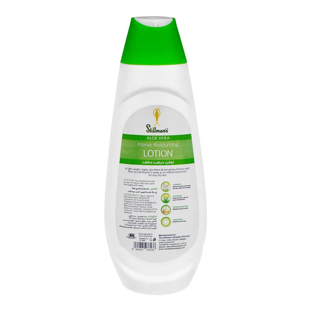Side view of stillman's aloe vera intense moisturizing lotion, for extra dry skin, 200ml