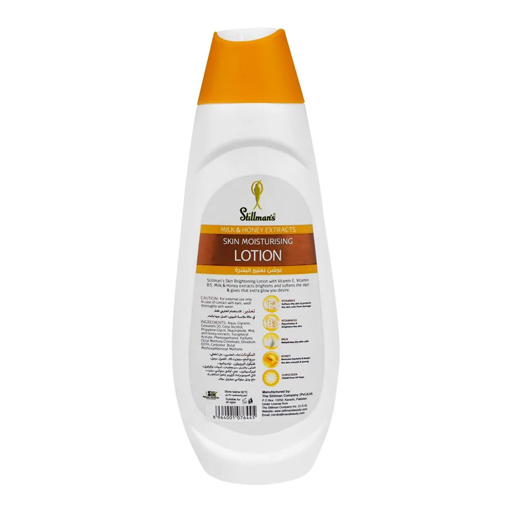 Side view of stillman's milk & honey extracts skin moisturizing lotion, for normal to dry skin, 200ml
