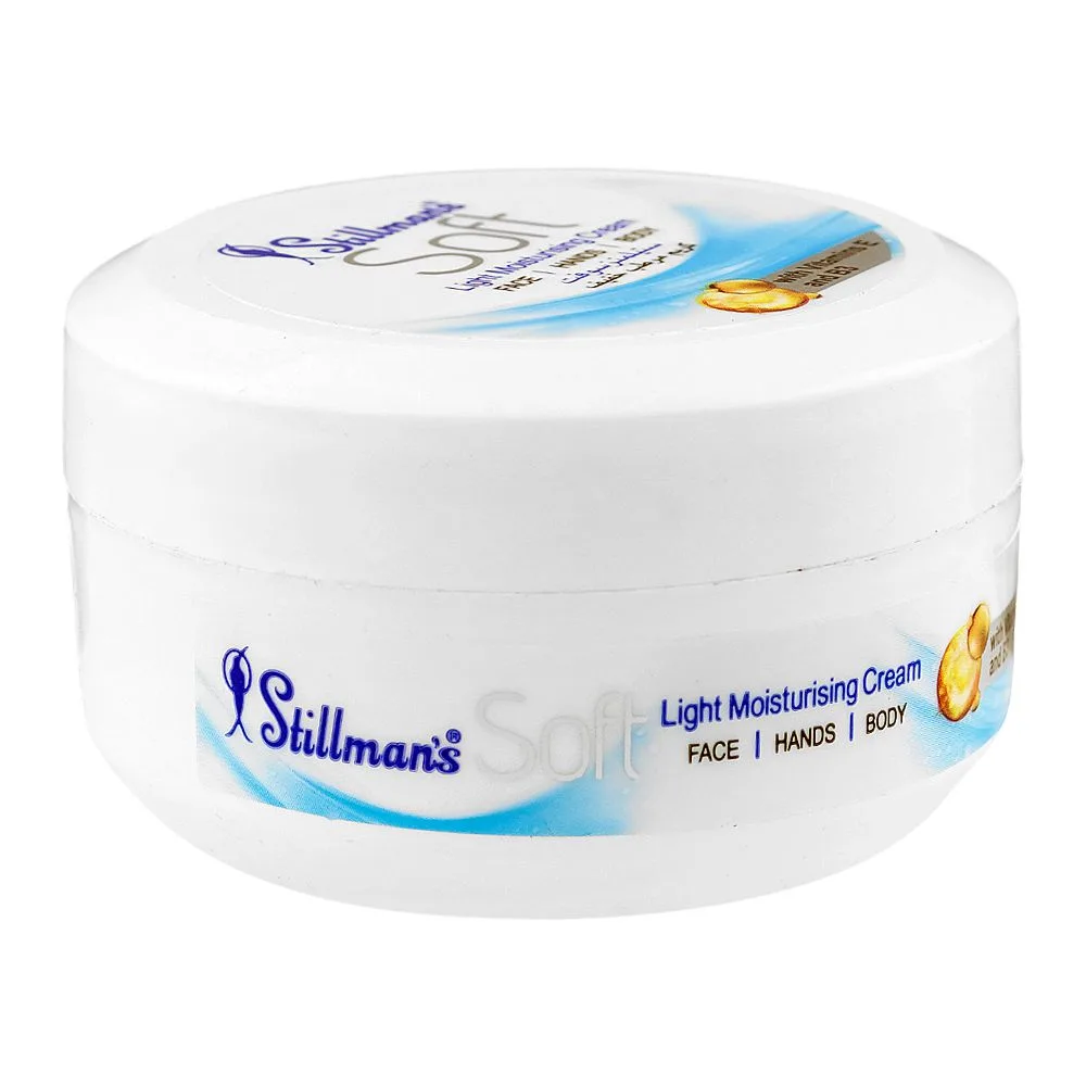 Side view of stillman's soft light moisturizing cream, vitamin e & b3, glycerin, for moisturizing skin, 100ml