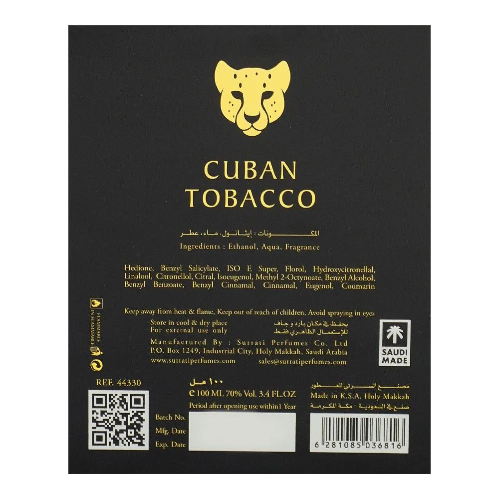 Comfortable casual surrati cuban tobacco extrait de aoud, for men & women, 100ml