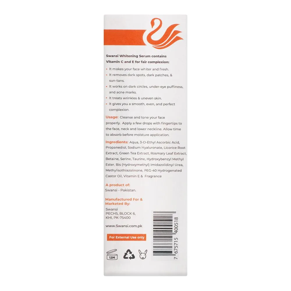 Side view of swansi 20% ethyl ascorbic acid & 2% ha solution vitamin c whitening serum, 30ml