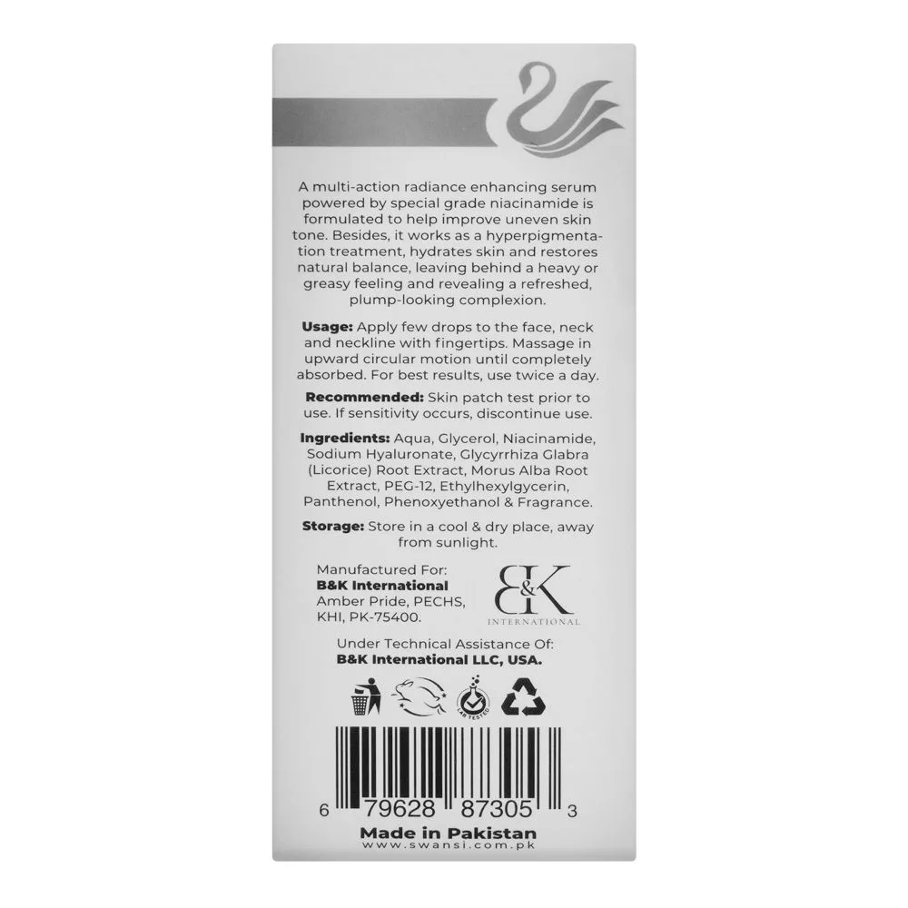 Side view of swansi 5% niacinamide vitamin b3 radiance enhancing serum, 30ml