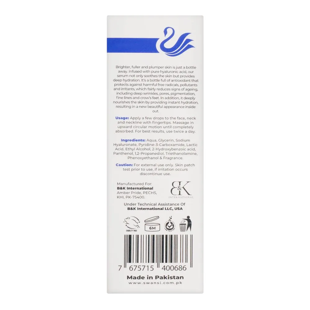 Side view of swansi 5% pure hyaluronic acid hydrating serum, 30ml