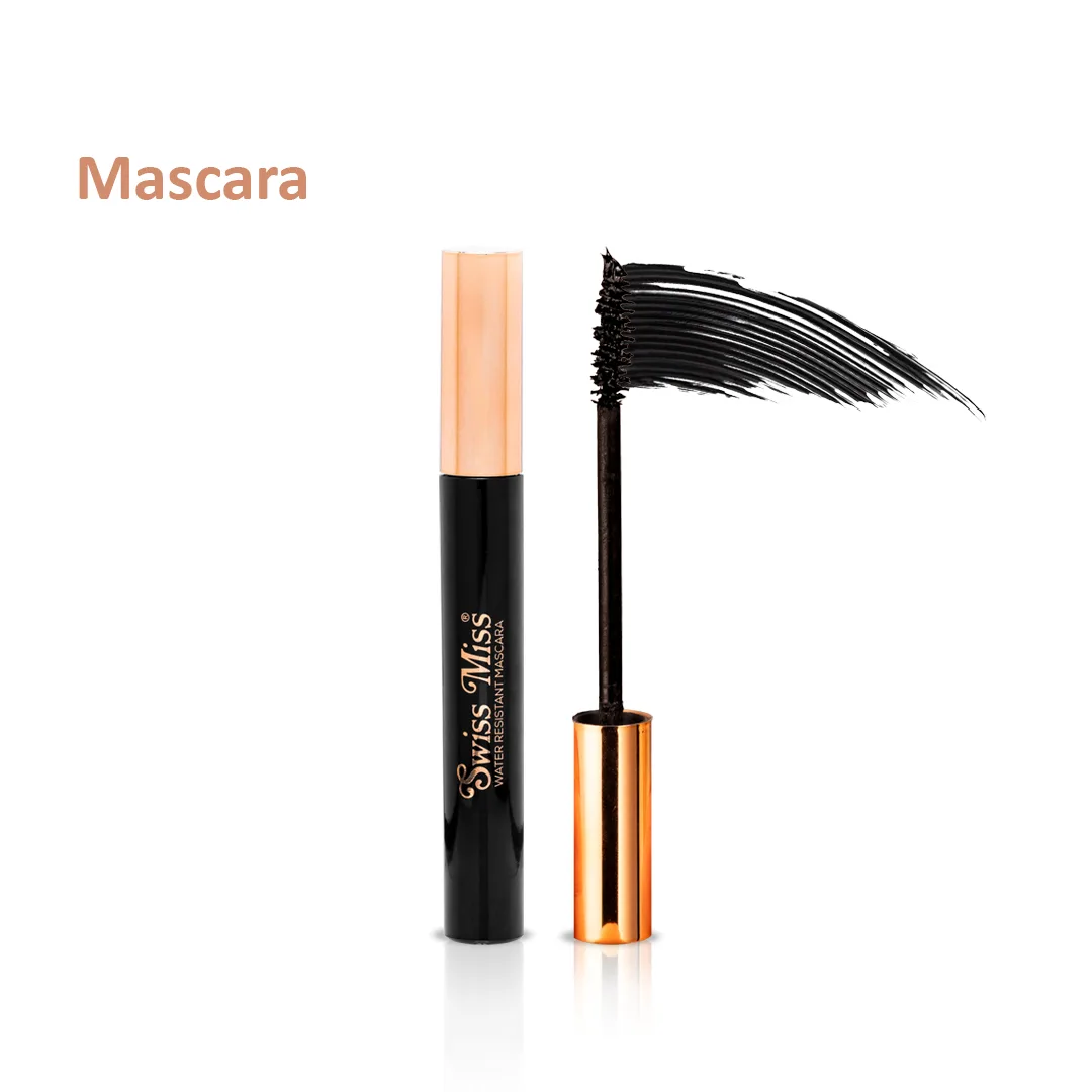 Close-up design of swiss miss water resistant long lasting deep, black mascara