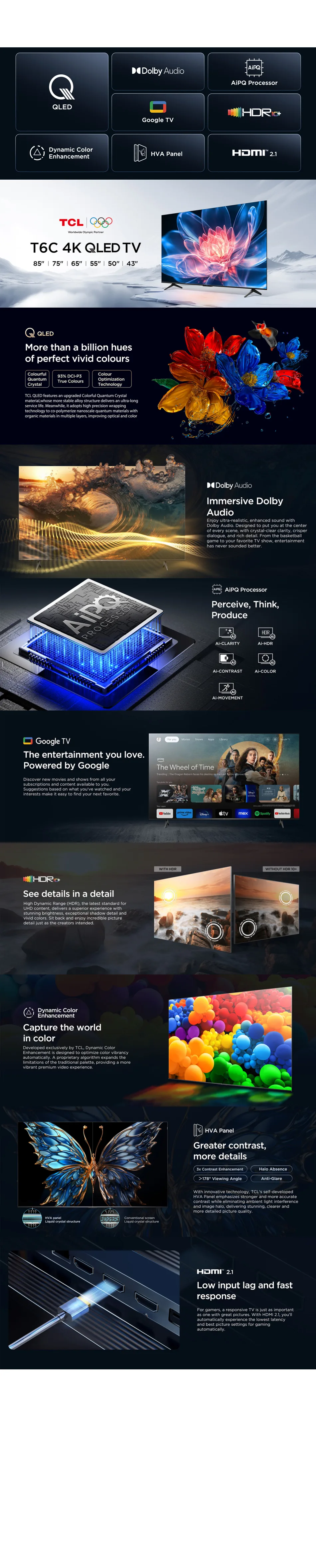 Side view of tcl 65 inches qled google smart tv with aipq processor, hdr10+ hva panel, 3840 x 2160 pixels, 60hz refresh rate, 65t6c