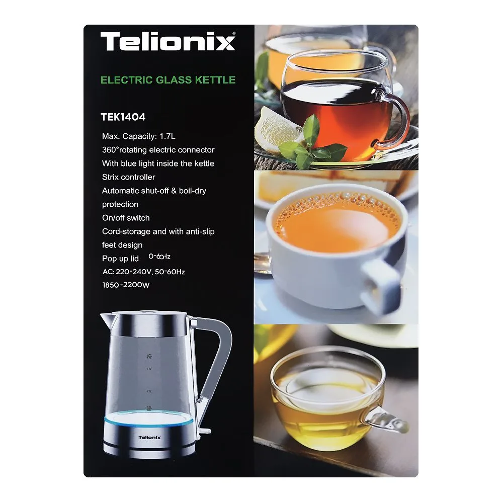 Side view of telionix electric glass kettle, 1850-2200w, 1.7 liter, tek-1404