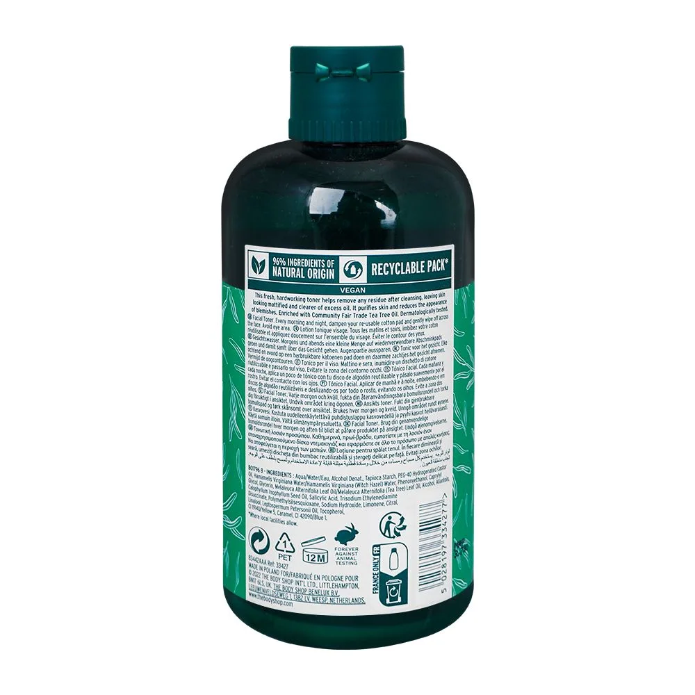 Side view of the body shop tea tree skin clearing toner, suitable for blemished skin, 250ml