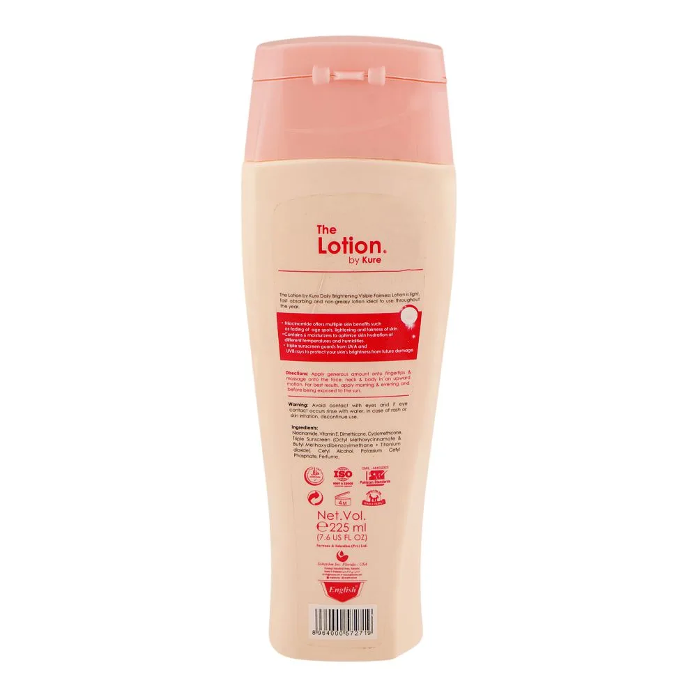 Side view of the lotion by kure uv daily brightening triple sunscreen lotion, niacinamide, for all types of skin, 225ml