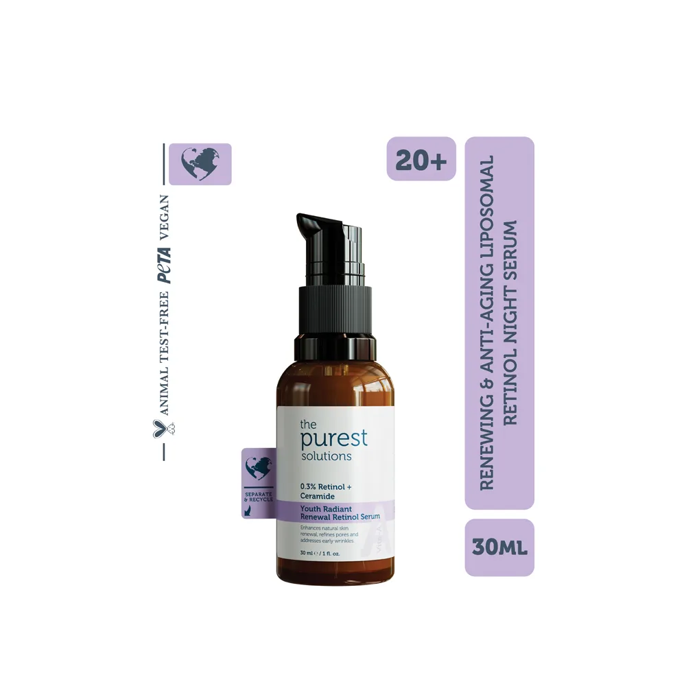 Close-up design of the purest solution 0.3% retinol + ceramide youth radiant anti-aging renewal retinol serum, vegan, for all types of skin, 30ml