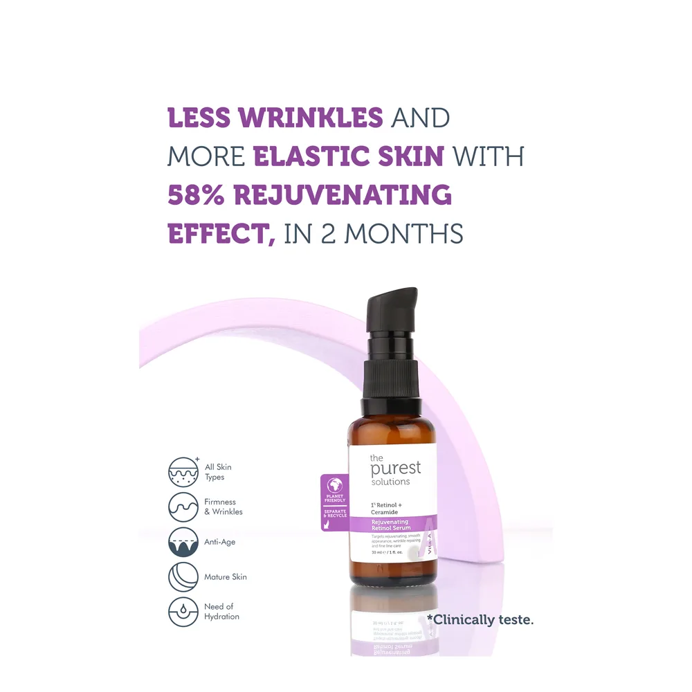 Side view of the purest solution 1 % retinol + ceramide rejuvenating retinol serum, vegan, for all types of skin, 30ml