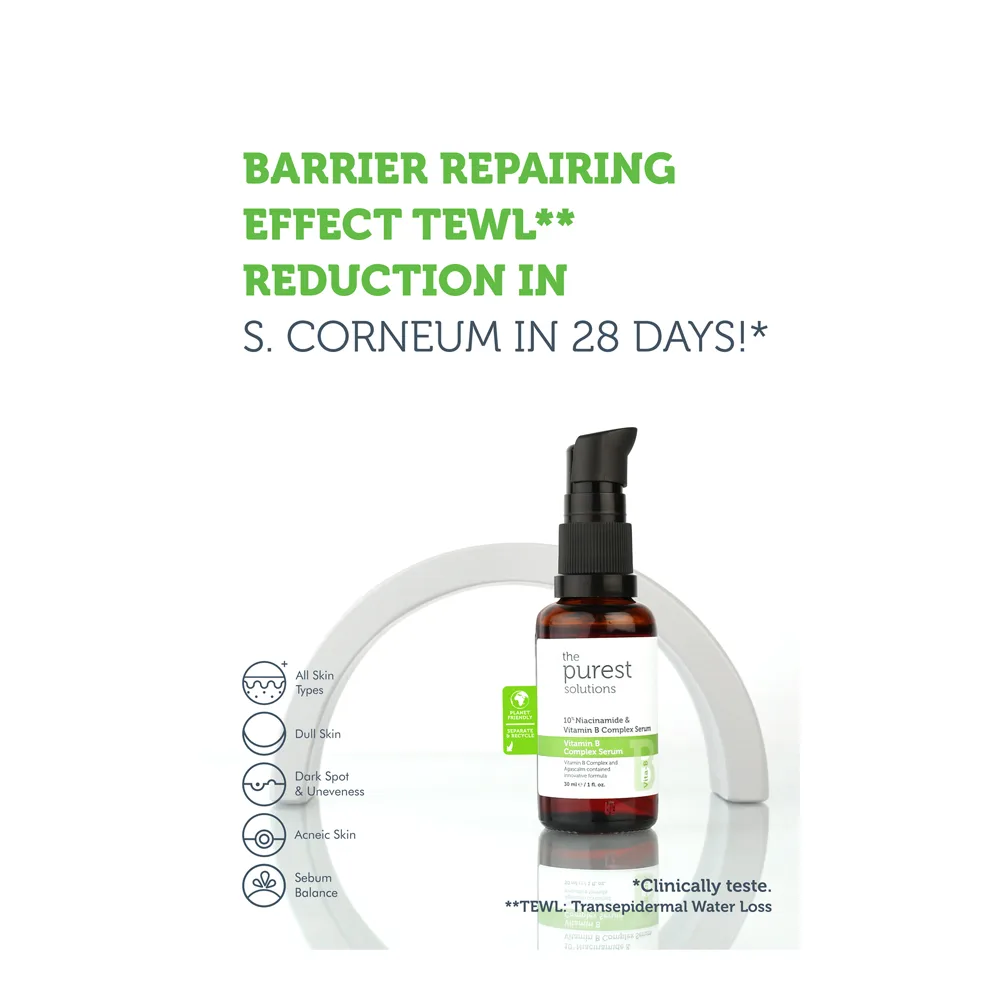 Side view of the purest solution 10% niacinamide & vitamin b complex serum, vegan, for all types of skin, 30ml