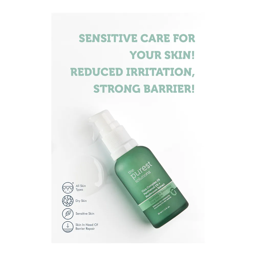 Close-up design of the purest solution complex 1% panthenol 1% + mushroom soothing & soothing cica serum, vegan, for all types of skin, 30ml