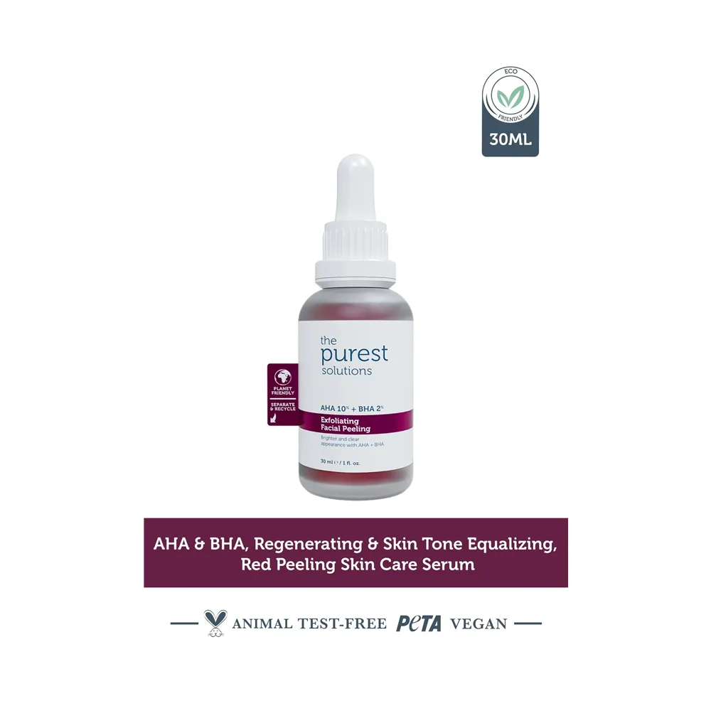 The Purest Solutions Exfoliating Facial Peeling Serum, AHA 10% + BHA 2%, Vegan, For All Types Of Skin, 30ml