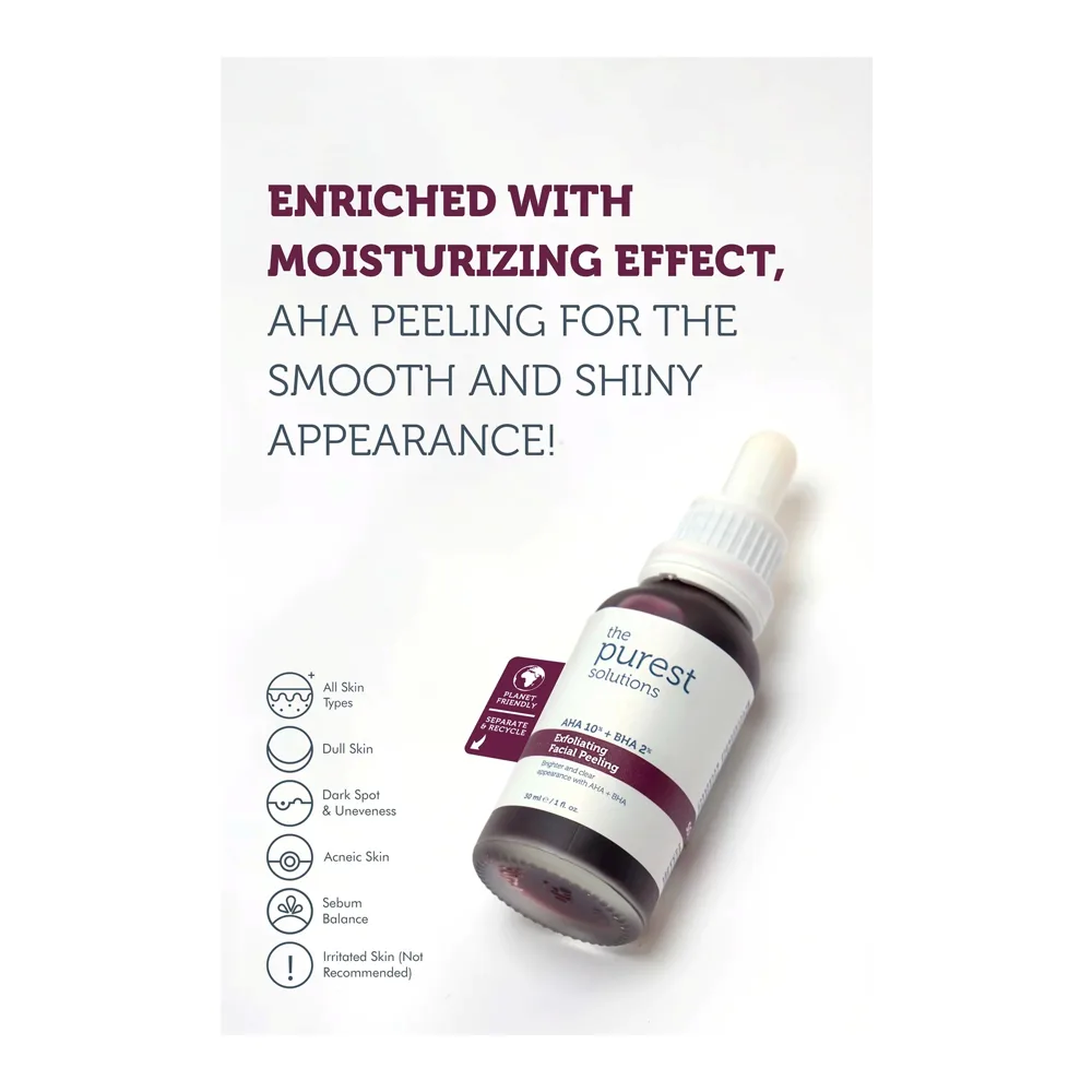 Side view of the purest solutions exfoliating facial peeling serum, aha 10% + bha 2%, vegan, for all types of skin, 30ml