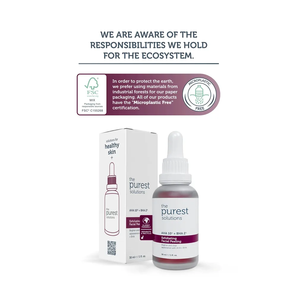 Close-up design of the purest solutions exfoliating facial peeling serum, aha 10% + bha 2%, vegan, for all types of skin, 30ml