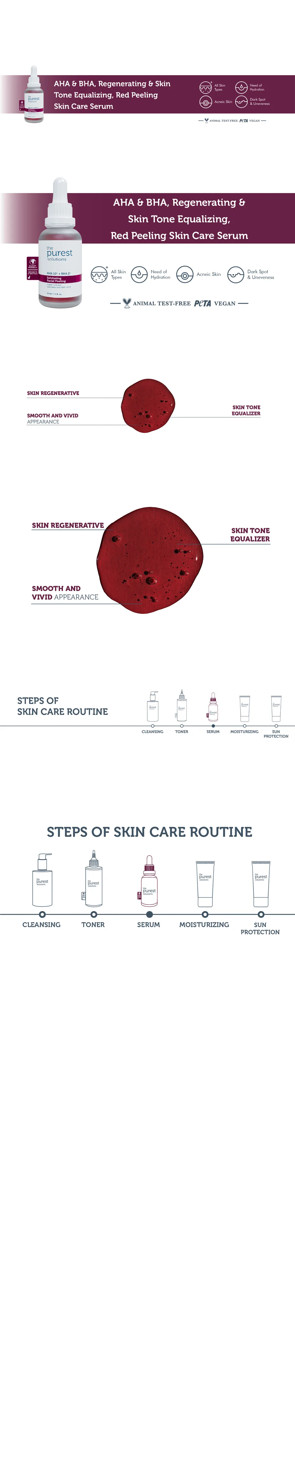 Front angle of the purest solutions exfoliating facial peeling serum, aha 10% + bha 2%, vegan, for all types of skin, 30ml