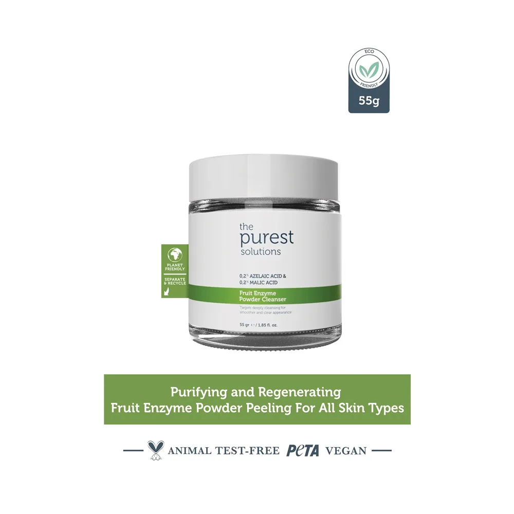 The Purest Solutions Fruit Enzyme Powder Cleanser, 0.2% Azelaic Acid & 0.2% Malic Acid, Vegan, For All Types Of Skin, 55g