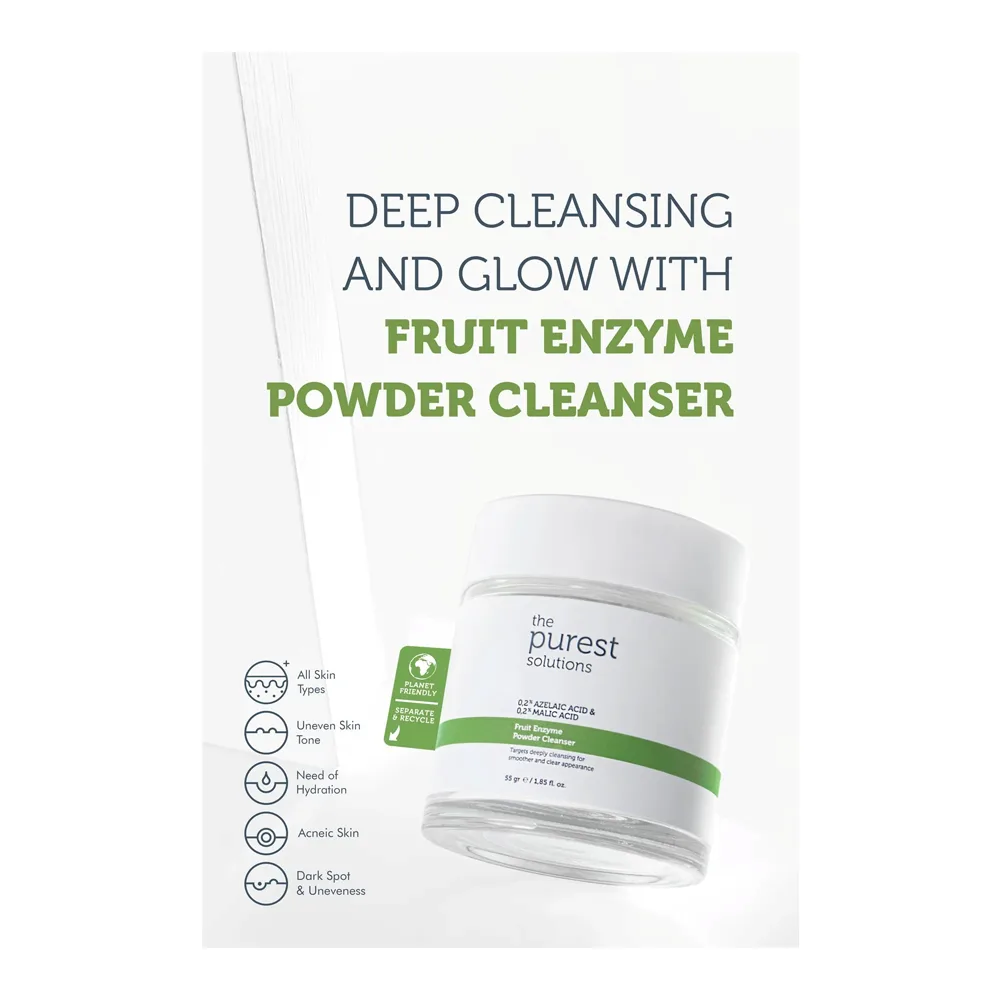 Side view of the purest solutions fruit enzyme powder cleanser, 0.2% azelaic acid & 0.2% malic acid, vegan, for all types of skin, 55g