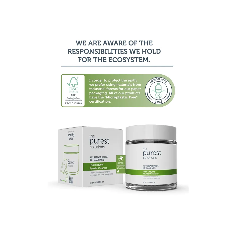 Close-up design of the purest solutions fruit enzyme powder cleanser, 0.2% azelaic acid & 0.2% malic acid, vegan, for all types of skin, 55g