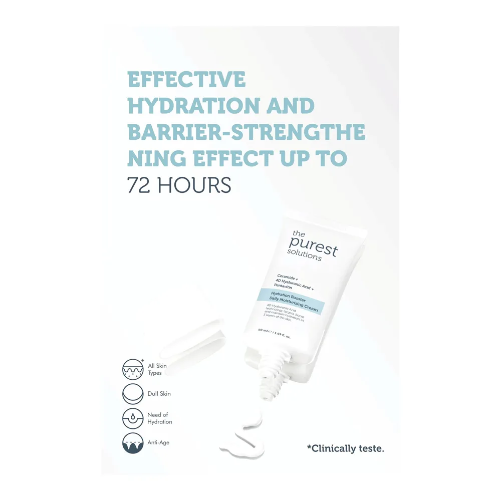 Side view of the purest solutions hydration booster daily moisturizing cream, ceramide + 4d hyaluronic acid + pentavitin, vegan, for all types of skin, 50ml