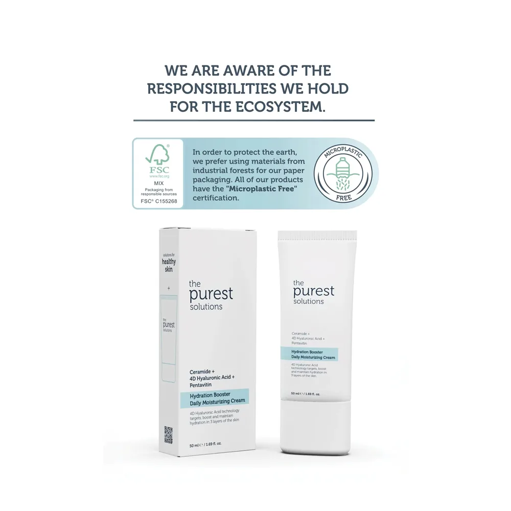 Close-up design of the purest solutions hydration booster daily moisturizing cream, ceramide + 4d hyaluronic acid + pentavitin, vegan, for all types of skin, 50ml