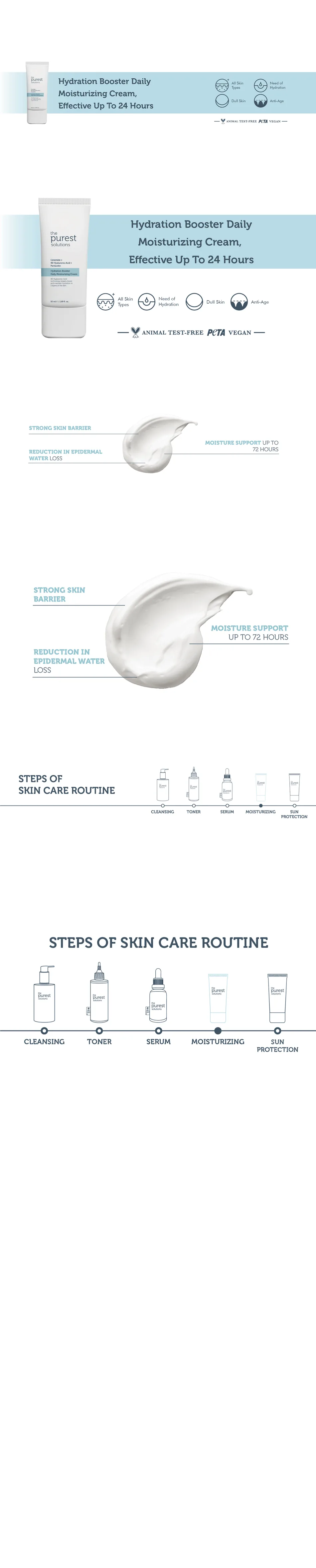 Front angle of the purest solutions hydration booster daily moisturizing cream, ceramide + 4d hyaluronic acid + pentavitin, vegan, for all types of skin, 50ml