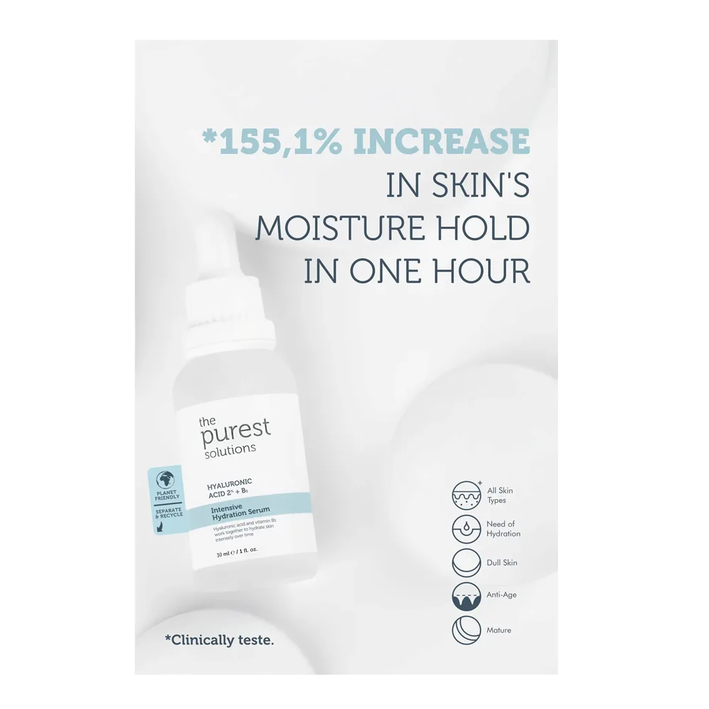 Side view of the purest solutions intensive hydration serum, hyaluronic acid 2% + b5, for all types of skin, 30ml