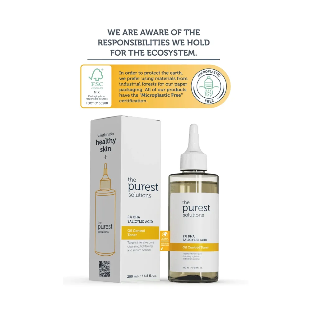Close-up design of the purest solutions oil control toner, 2% bha salicylic acid, vegan, for oily skin, 200ml
