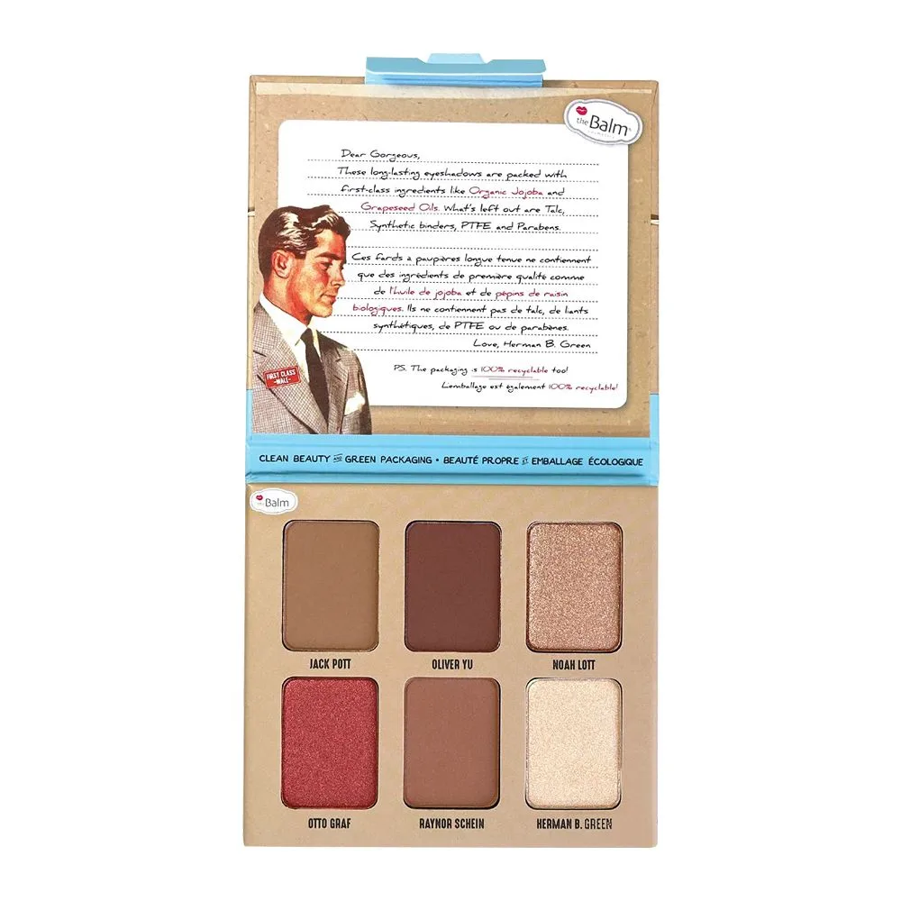 Side view of thebalm male order first class male eyeshadow palette, 6 shades