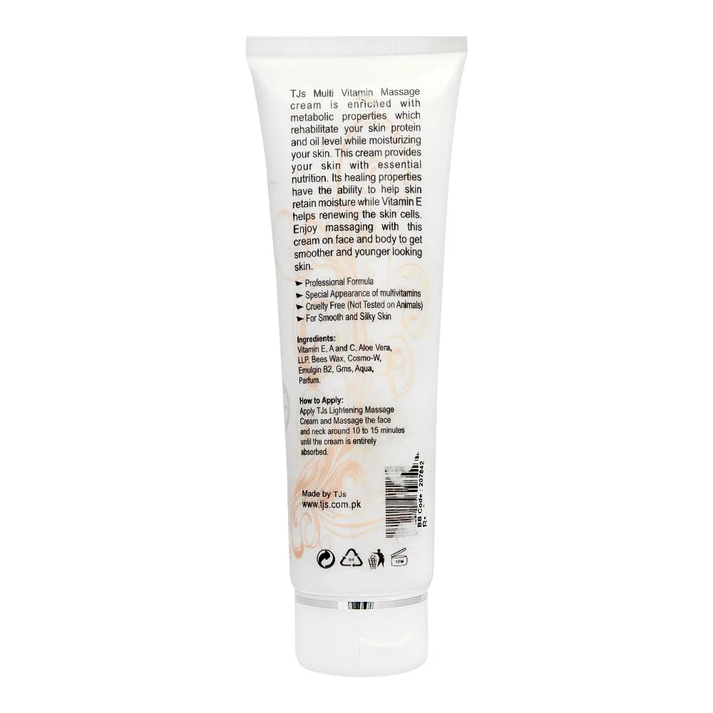 Side view of tjs professionals massage cream, alcohol free, all skin types, 120ml