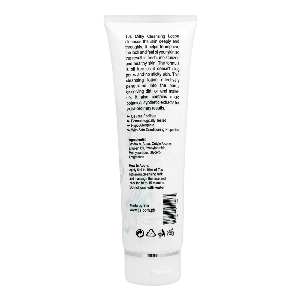 Side view of tjs professionals milk cleansing lotion, alcohol free, all skin types, 120ml