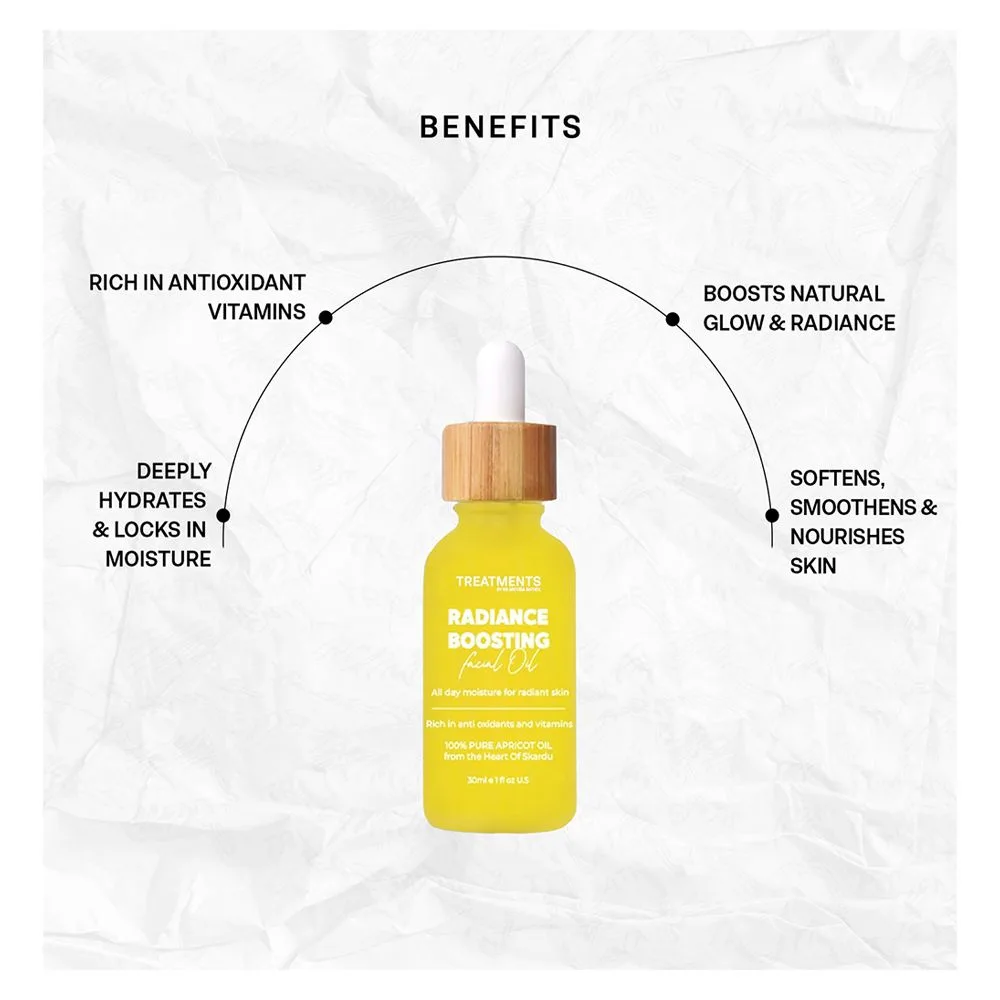 Side view of treatments radiance boosting facial oil, vegan, vitamins a, c & e, for radiance skin, 30ml
