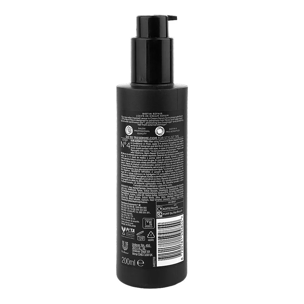 Side view of tresemme biotin repair leave-in cream serum, glycerin, 200ml