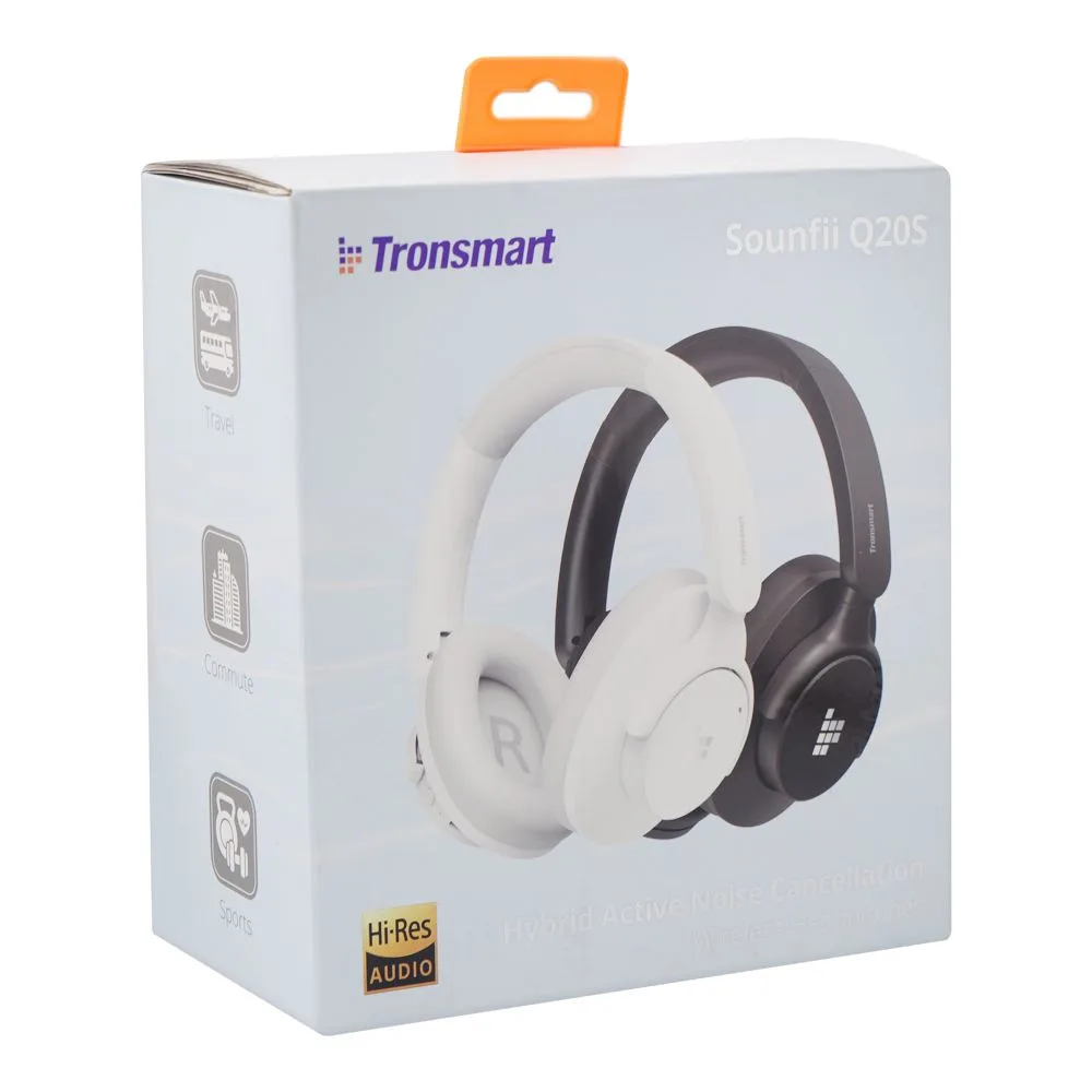 Close-up design of tronsmart sounfii q20s hybrid active noise cancellation wireless headphones, 60 hours playtime, white