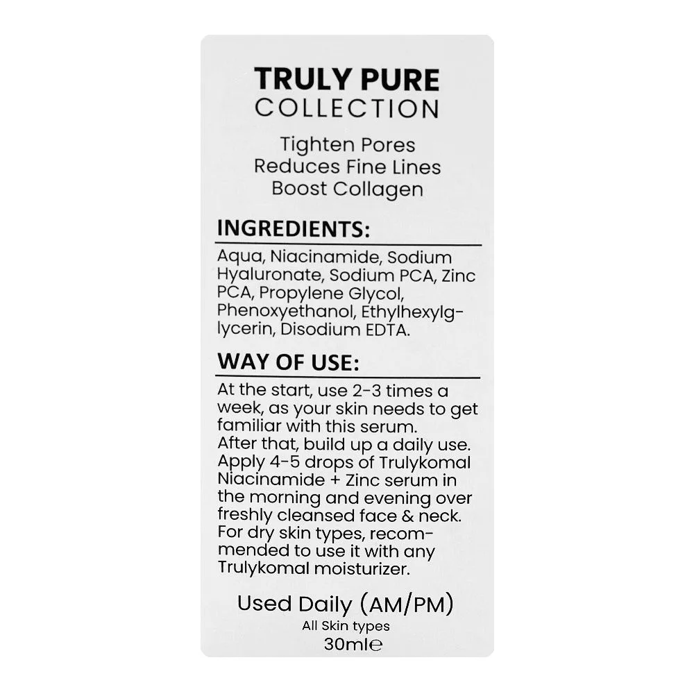 Side view of truly komal balanced booster serum, niacinamide 10% + zinc 1% all types of skin, 30ml