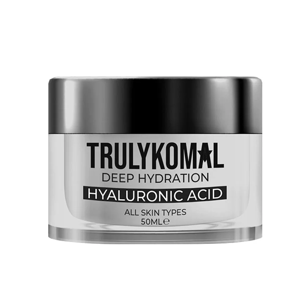 Side view of truly komal flawless hyaluronic acid deep hydration moisturiser, all skin types, 50ml